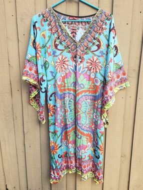Ruby Yaya Vibrant Turquoise Multicolor Paisley  Floral Caftan Dress